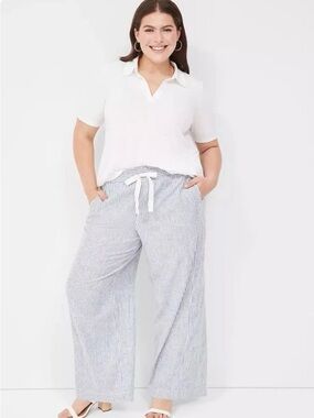 Lane Bryant 24 Linen Stripe Wide Leg Pants Pull On Drawstring Railroad